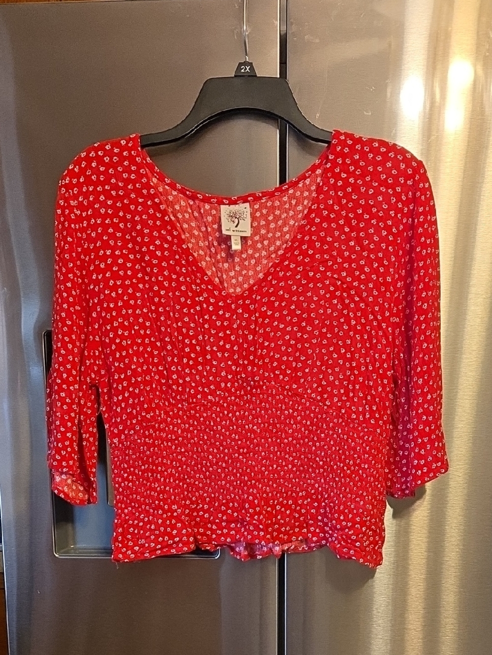 Self Esteem Red Floral V-Neck Ruffle-Hem Blouse